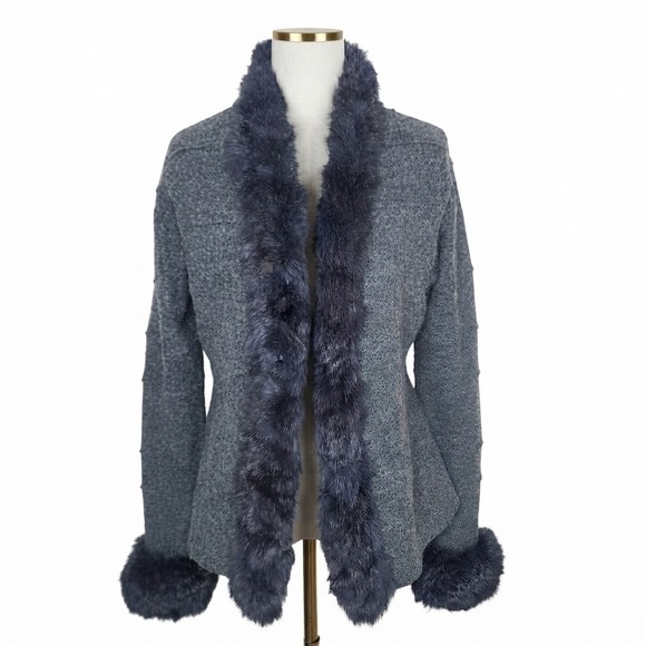 Lafayette 148 New York Sweaters - Lafayette 148 NY Small Gray 100% Wool Rabbit Fur Collar Cuffs Cardigan Coquette